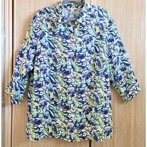 JM Collection Women's Blouse Size 18W Linen Button-Up 3/4 Sleeve Floral EUC